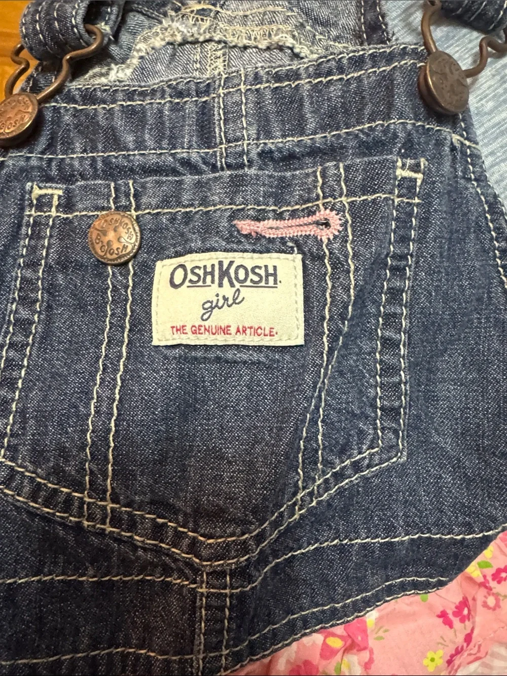 OshKosh B'gosh Dark Denim and Pink Floral Ruffle Overall Dress